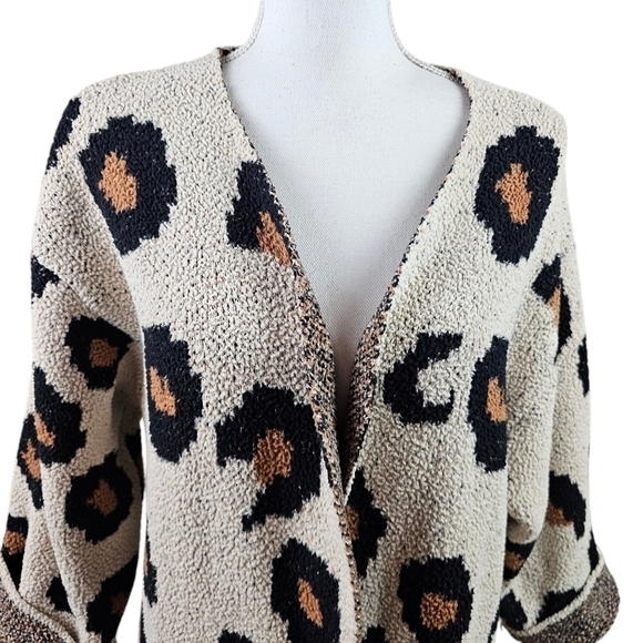 Snow Leopard Animal Print Oversized Teddy Sherpa Cardigan Coat in L - Picture 2 of 7